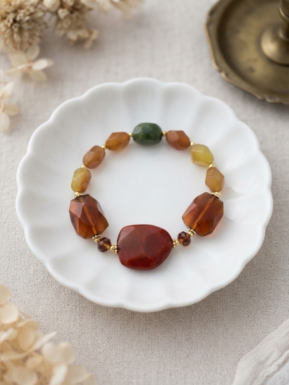 Earth Tone Gemstone-Look Beaded Stretch Bracelet | Red Amber Orange Yellow Green